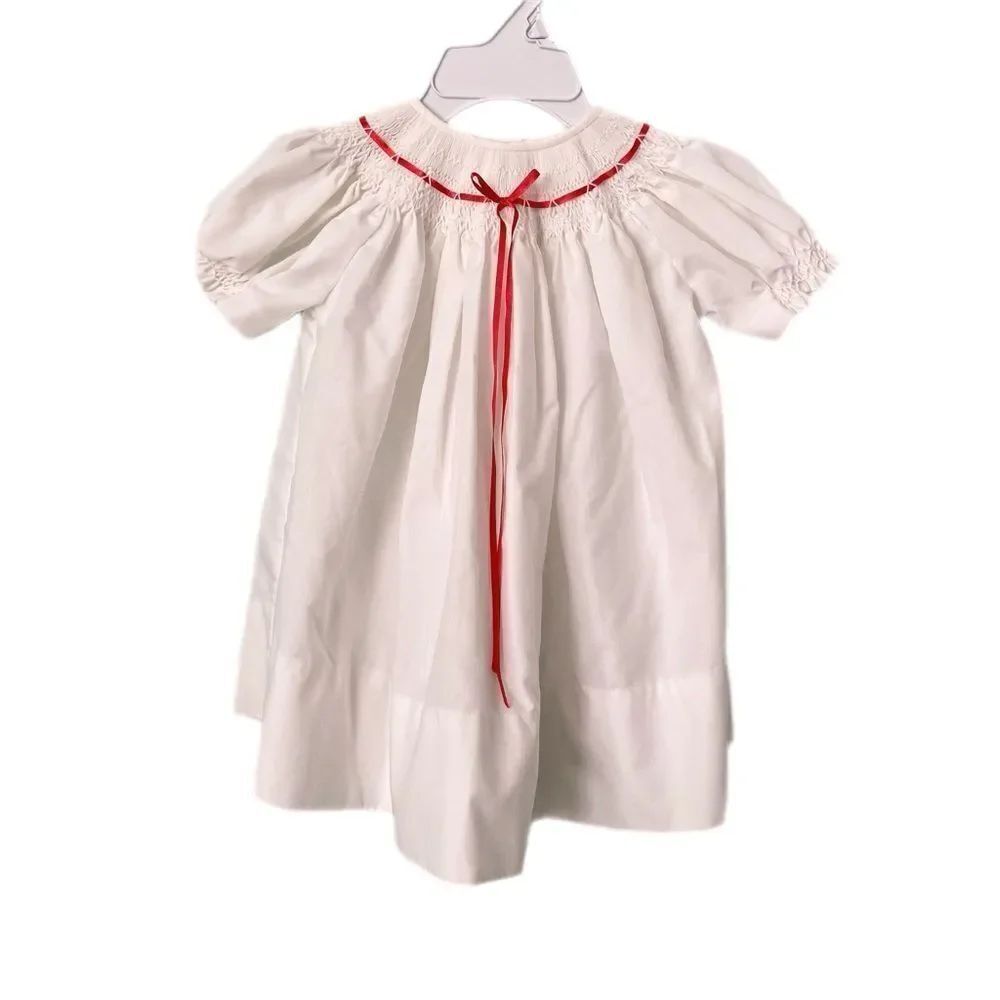 Vintage Style White Baby Dress with Red Accents & Back Buttons Size 6 Months